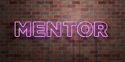 MENTOR - fluorescent Neon tube Sign on brickwork - Front view - 3D rendered royalty free stock picture. Can be used for online banner ads and direct mailers..
