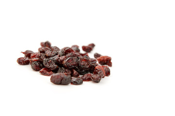 closeup of dried cranberries, isolated on white background, horizontal