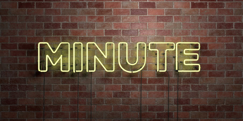 MINUTE - fluorescent Neon tube Sign on brickwork - Front view - 3D rendered royalty free stock picture. Can be used for online banner ads and direct mailers..