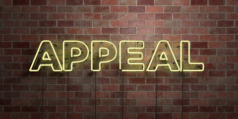 APPEAL - fluorescent Neon tube Sign on brickwork - Front view - 3D rendered royalty free stock picture. Can be used for online banner ads and direct mailers..