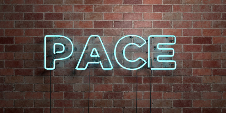 PACE - fluorescent Neon tube Sign on brickwork - Front view - 3D rendered royalty free stock picture. Can be used for online banner ads and direct mailers..
