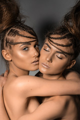 Portrait of gorgeous twins in studio over grey background together