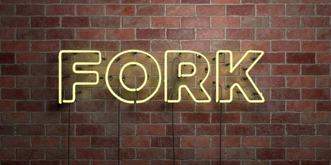FORK - fluorescent Neon tube Sign on brickwork - Front view - 3D rendered royalty free stock picture. Can be used for online banner ads and direct mailers..
