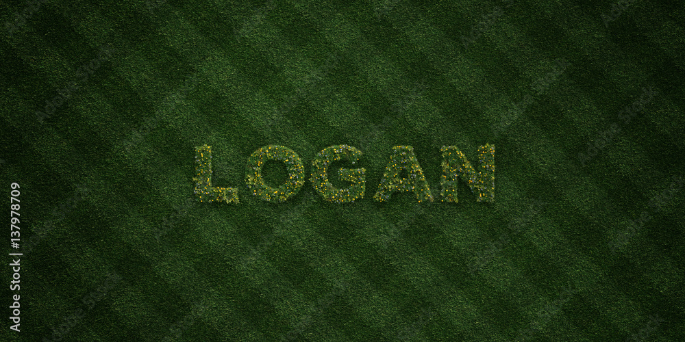 Fototapete LOGAN - fresh Grass letters with flowers and dandelions - 3D rendered royalty free stock image. Can be used for online banner ads and direct mailers..