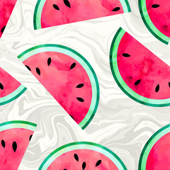 Fruity seamless vector pattern with watercolor paint textured watermelon pieces. Marbled background.