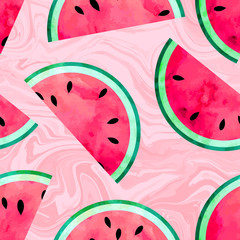 Fruity seamless vector pattern with watercolor paint textured watermelon pieces. Marbled background. - 137978755