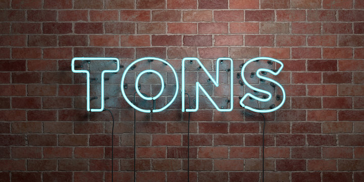 TONS - fluorescent Neon tube Sign on brickwork - Front view - 3D rendered royalty free stock picture. Can be used for online banner ads and direct mailers..