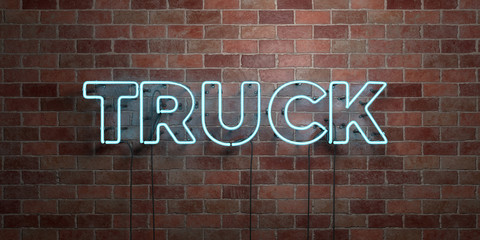 TRUCK - fluorescent Neon tube Sign on brickwork - Front view - 3D rendered royalty free stock picture. Can be used for online banner ads and direct mailers..