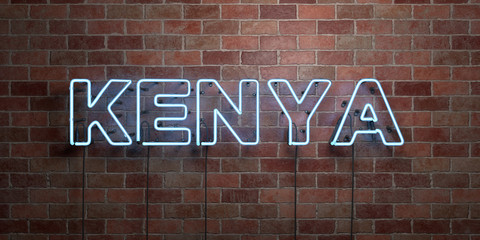 KENYA - fluorescent Neon tube Sign on brickwork - Front view - 3D rendered royalty free stock picture. Can be used for online banner ads and direct mailers..