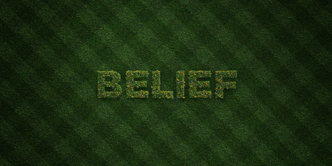 BELIEF - fresh Grass letters with flowers and dandelions - 3D rendered royalty free stock image. Can be used for online banner ads and direct mailers..
