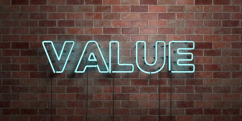 VALUE - fluorescent Neon tube Sign on brickwork - Front view - 3D rendered royalty free stock picture. Can be used for online banner ads and direct mailers..