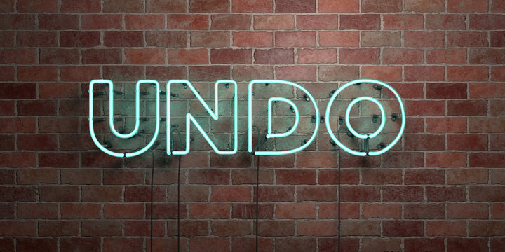 UNDO - fluorescent Neon tube Sign on brickwork - Front view - 3D rendered royalty free stock picture. Can be used for online banner ads and direct mailers..