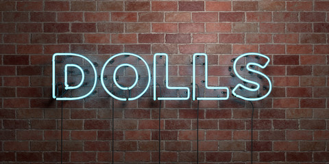Fototapeta na wymiar DOLLS - fluorescent Neon tube Sign on brickwork - Front view - 3D rendered royalty free stock picture. Can be used for online banner ads and direct mailers..