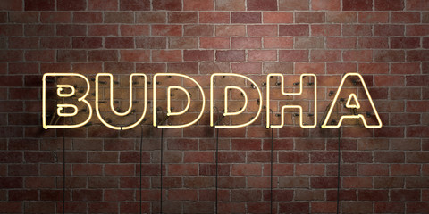Fototapeta na wymiar BUDDHA - fluorescent Neon tube Sign on brickwork - Front view - 3D rendered royalty free stock picture. Can be used for online banner ads and direct mailers..