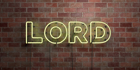 Fototapeta na wymiar LORD - fluorescent Neon tube Sign on brickwork - Front view - 3D rendered royalty free stock picture. Can be used for online banner ads and direct mailers..