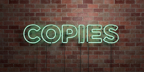 Obraz premium COPIES - fluorescent Neon tube Sign on brickwork - Front view - 3D rendered royalty free stock picture. Can be used for online banner ads and direct mailers..