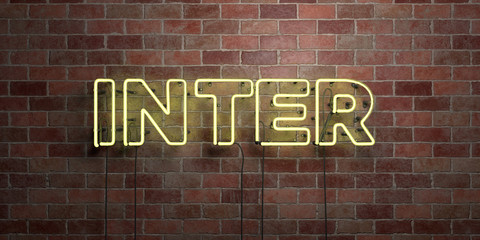 INTER - fluorescent Neon tube Sign on brickwork - Front view - 3D rendered royalty free stock picture. Can be used for online banner ads and direct mailers..