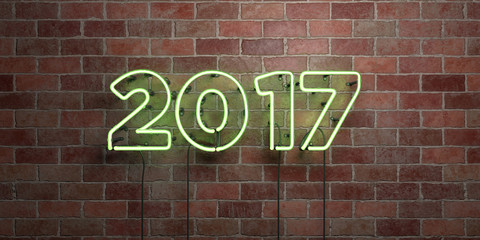 Obraz premium 2017 - fluorescent Neon tube Sign on brickwork - Front view - 3D rendered royalty free stock picture. Can be used for online banner ads and direct mailers..