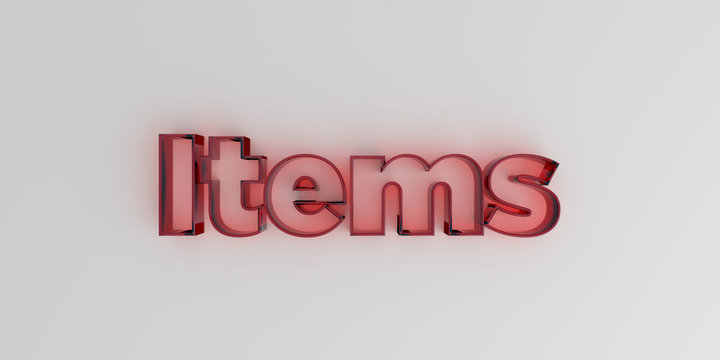 Items - Red glass text on white background - 3D rendered royalty free stock image.