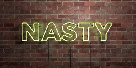 Fototapeta na wymiar NASTY - fluorescent Neon tube Sign on brickwork - Front view - 3D rendered royalty free stock picture. Can be used for online banner ads and direct mailers..