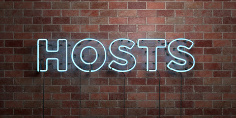 HOSTS - fluorescent Neon tube Sign on brickwork - Front view - 3D rendered royalty free stock picture. Can be used for online banner ads and direct mailers..