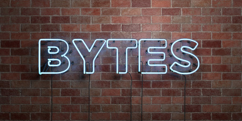 BYTES - fluorescent Neon tube Sign on brickwork - Front view - 3D rendered royalty free stock picture. Can be used for online banner ads and direct mailers..