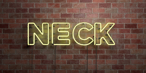 NECK - fluorescent Neon tube Sign on brickwork - Front view - 3D rendered royalty free stock picture. Can be used for online banner ads and direct mailers..