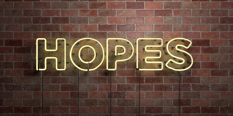 HOPES - fluorescent Neon tube Sign on brickwork - Front view - 3D rendered royalty free stock picture. Can be used for online banner ads and direct mailers..