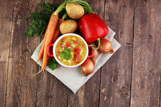Barley and vegetable thick healthy soup. Krupnik thick Polish soup made from vegetable or broth, containing potatoes and barley groats