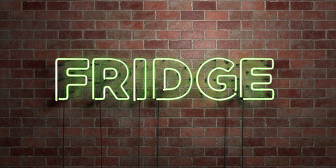 Obraz premium FRIDGE - fluorescent Neon tube Sign on brickwork - Front view - 3D rendered royalty free stock picture. Can be used for online banner ads and direct mailers..
