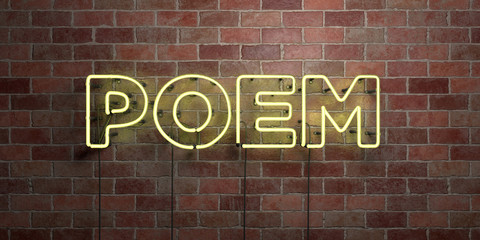POEM - fluorescent Neon tube Sign on brickwork - Front view - 3D rendered royalty free stock picture. Can be used for online banner ads and direct mailers..