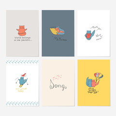 Obraz na płótnie Canvas Set of greeting card design with cute cats. Hand drawn love collection. Colorful printable vector illustrations with lettering.