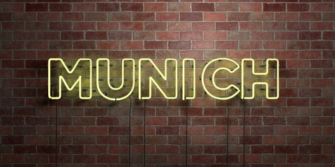 MUNICH - fluorescent Neon tube Sign on brickwork - Front view - 3D rendered royalty free stock picture. Can be used for online banner ads and direct mailers..