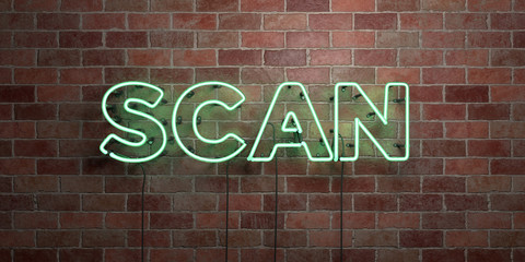 SCAN - fluorescent Neon tube Sign on brickwork - Front view - 3D rendered royalty free stock picture. Can be used for online banner ads and direct mailers..
