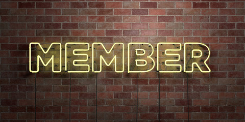 MEMBER - fluorescent Neon tube Sign on brickwork - Front view - 3D rendered royalty free stock picture. Can be used for online banner ads and direct mailers..