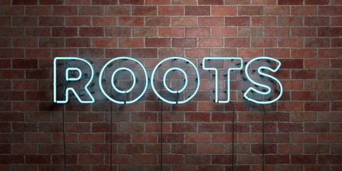 ROOTS - fluorescent Neon tube Sign on brickwork - Front view - 3D rendered royalty free stock picture. Can be used for online banner ads and direct mailers..