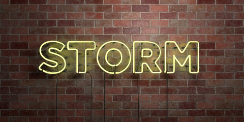 STORM - fluorescent Neon tube Sign on brickwork - Front view - 3D rendered royalty free stock picture. Can be used for online banner ads and direct mailers..