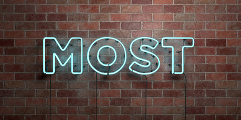 MOST - fluorescent Neon tube Sign on brickwork - Front view - 3D rendered royalty free stock picture. Can be used for online banner ads and direct mailers..