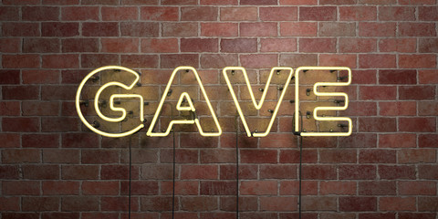 GAVE - fluorescent Neon tube Sign on brickwork - Front view - 3D rendered royalty free stock picture. Can be used for online banner ads and direct mailers..
