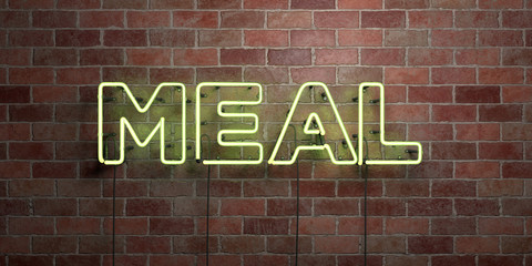 MEAL - fluorescent Neon tube Sign on brickwork - Front view - 3D rendered royalty free stock picture. Can be used for online banner ads and direct mailers..