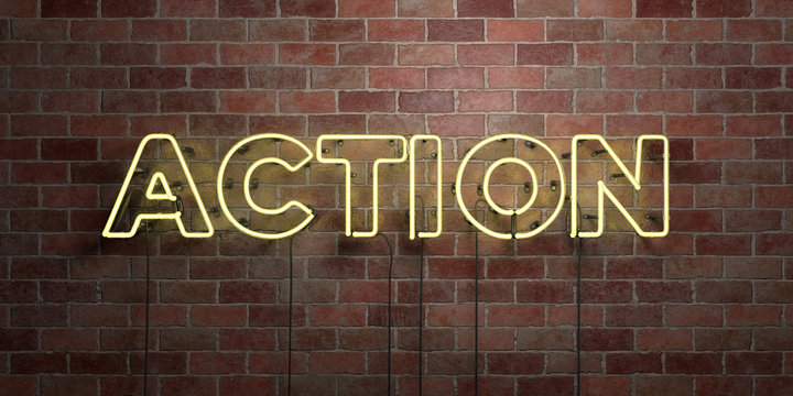 ACTION - fluorescent Neon tube Sign on brickwork - Front view - 3D rendered royalty free stock picture. Can be used for online banner ads and direct mailers..
