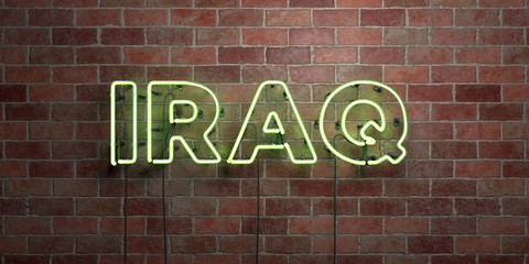 IRAQ - fluorescent Neon tube Sign on brickwork - Front view - 3D rendered royalty free stock picture. Can be used for online banner ads and direct mailers..