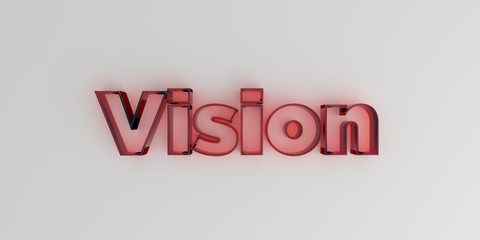 Vision - Red glass text on white background - 3D rendered royalty free stock image.