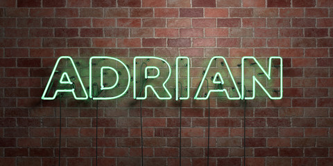 ADRIAN - fluorescent Neon tube Sign on brickwork - Front view - 3D rendered royalty free stock picture. Can be used for online banner ads and direct mailers..