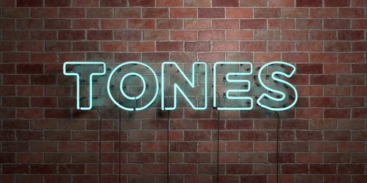 TONES - fluorescent Neon tube Sign on brickwork - Front view - 3D rendered royalty free stock picture. Can be used for online banner ads and direct mailers..