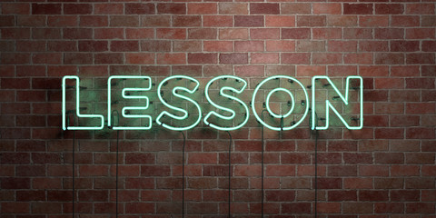 LESSON - fluorescent Neon tube Sign on brickwork - Front view - 3D rendered royalty free stock picture. Can be used for online banner ads and direct mailers..