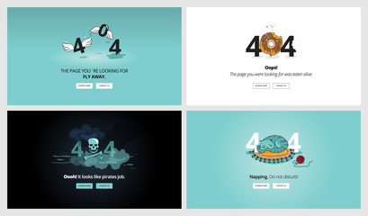 Set of flat design 404 error page templates. Vector concept illustrations of page not found for website design and development. - obrazy, fototapety, plakaty