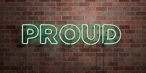 PROUD - fluorescent Neon tube Sign on brickwork - Front view - 3D rendered royalty free stock picture. Can be used for online banner ads and direct mailers..