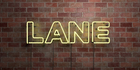 LANE - fluorescent Neon tube Sign on brickwork - Front view - 3D rendered royalty free stock picture. Can be used for online banner ads and direct mailers..