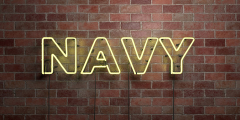 NAVY - fluorescent Neon tube Sign on brickwork - Front view - 3D rendered royalty free stock picture. Can be used for online banner ads and direct mailers..